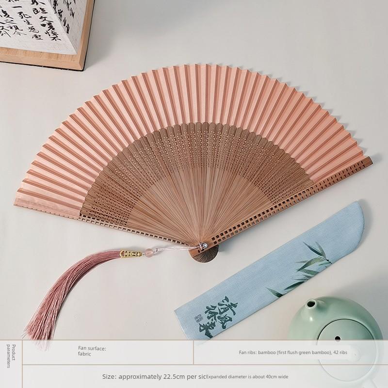 Classical Green Hollowed-Out Fan with Ancient Style, New Chinese-Style Dressing Gown Fan, Chinese-Style Bamboo Folding Fan, Portable