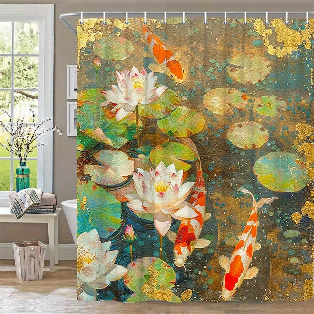 1Pc Serene For Lotus & Koi Fish Pond Shower Curtain - Realism Impressionism Art With Pink White For Lotus, Orange Koi,