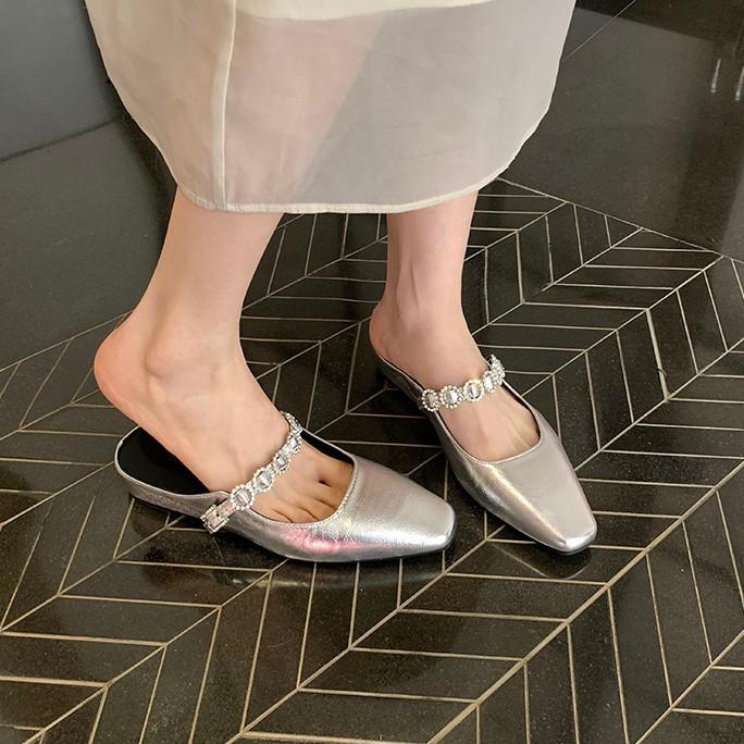 Inner heightening version~ Leather silver thick-bottomed bag head slippers women's rhinestone word with slope heel sandals Muller half slippers