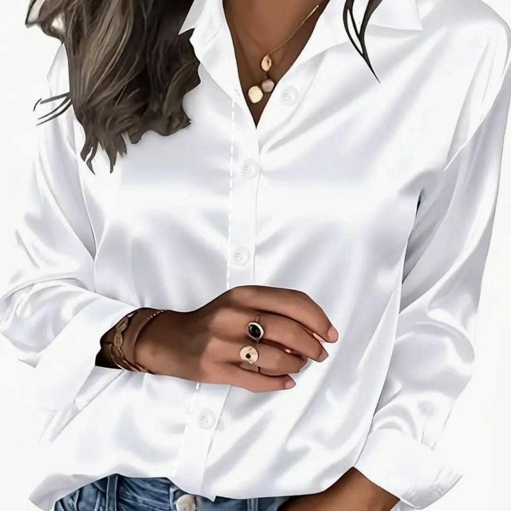 women's Shiny Satin Turn Down Collar Blouse Elegant Long Sleeve Shirt Casual Office Commute Wear Tops