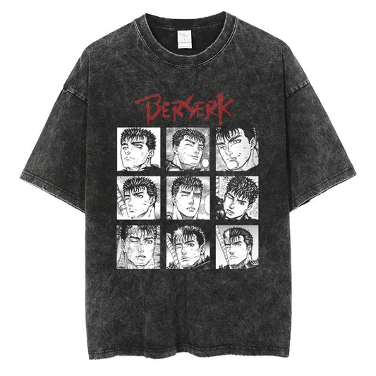 Japanese Anime Berserk Retro Washed T-shirt Men and Women Summer Harajuku Y2K Clothing Fashion Round Neck Short Sleeved Tee
