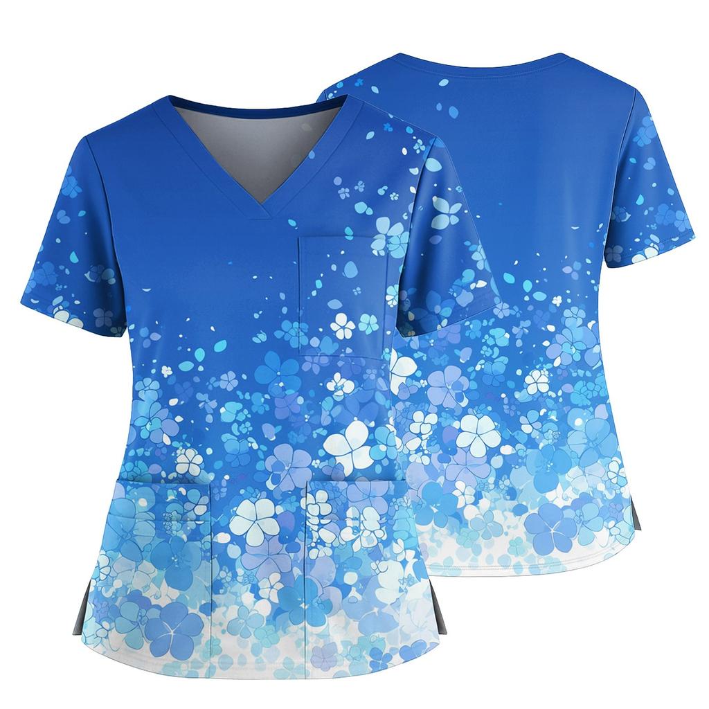 Damen Casual Bedrucktes V-Ausschnitt Taschen Seitennaht Schlitz Kurzarm Top