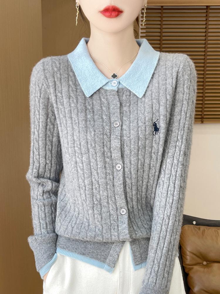 2025 Autumn/Winter Women's Pure Wool Embroidered Cable Knit Cardigan - Turn-Down Collar, Long Sleeve, Button-Up, Loose Fit Outerwear.