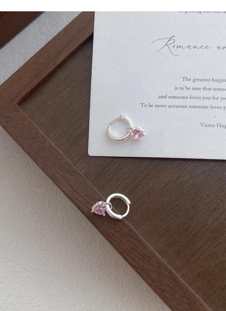 S999 Sterling Silver Pink Heart Zircon Pendant Earrings for Women - Simple Exquisite Design