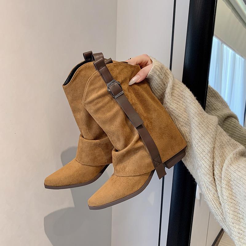Maillard retro belt buckle western cowboy boots women's new fashion versatile and thin temperament trouser tube boots