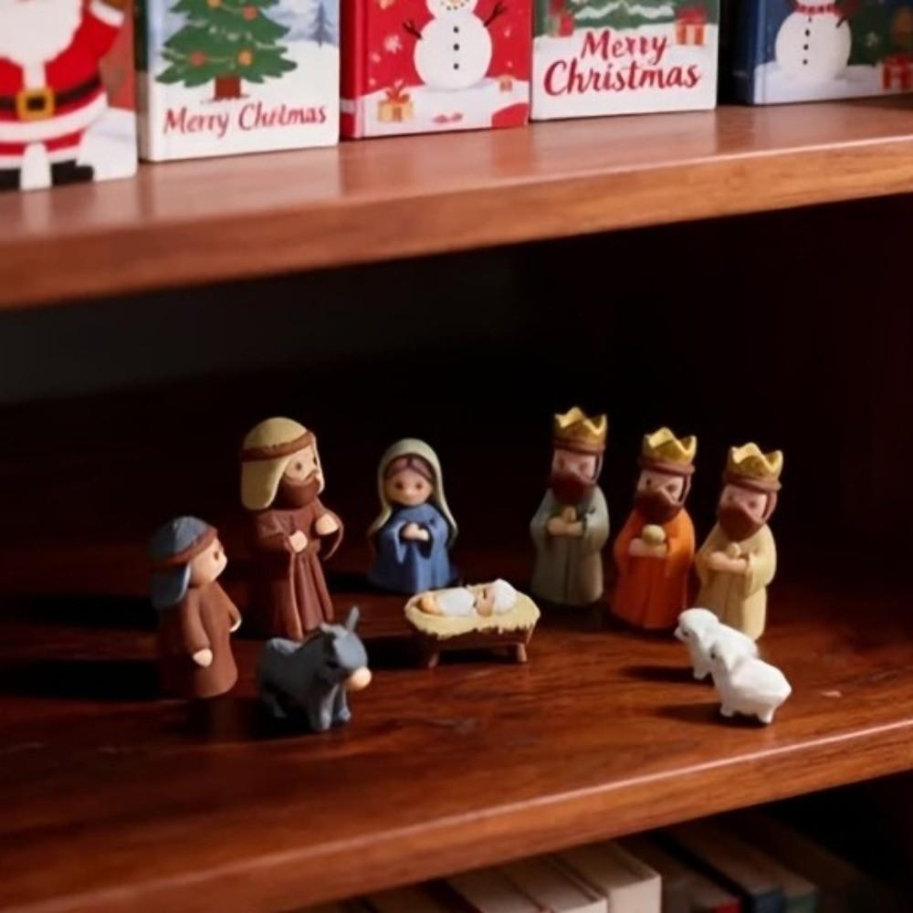 Hand Painted Nativity Manger Scene Kit Metal Tin Box Christmas Figurines Bedside Table