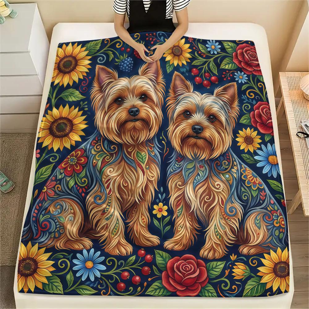Sunflower Flowers and Puppies Print Flannel Blanket,High Quality Comfortable for All Seasons,Home Decor,Warmth and Comfort,Perfect for Christmas Gifts