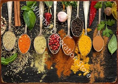 Kitchen Themed Wall Art Decor Colorful Spice and Spoon In Table Metal Tin Sign Food Cooking Ingredients Metal Art Print Decor