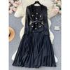 Classic Style Heavy Industry Beads Metal Buckle Pleated Dress
