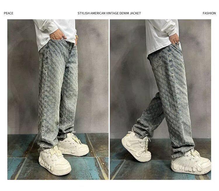 Winter Retro High Street Men's Full Print Jacquard Loose Straight-Leg Jeans