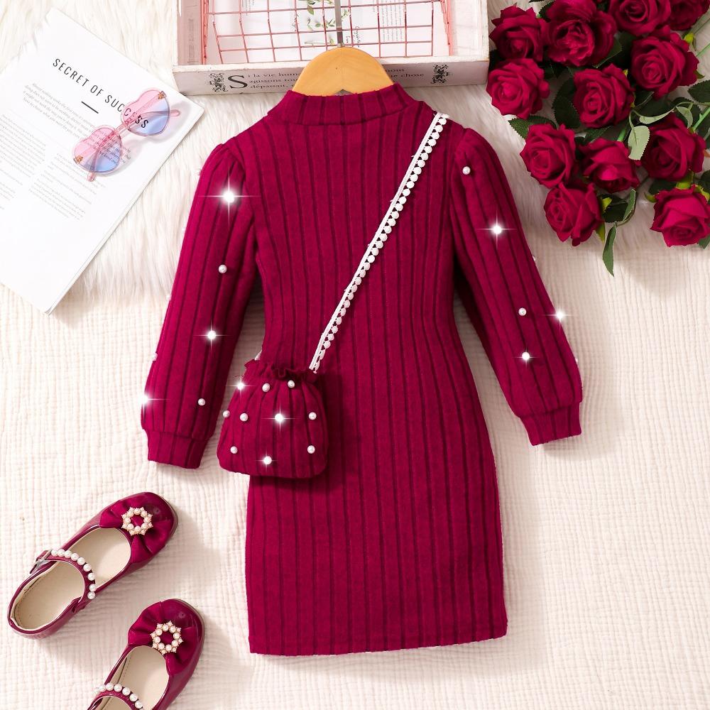 4-8Y Girls' High-Neck Long-Sleeve Solid Color Knit Dress Children's Fall/Winter Fashion Beaded Dress