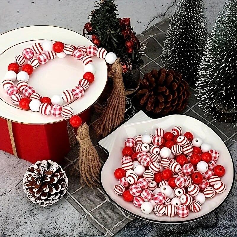 50pcs Red And White Striped Round Wooden Loose Beads, 16mm Polished Spacer Beads With Hemp Rope For Valentine's Day, Holiday