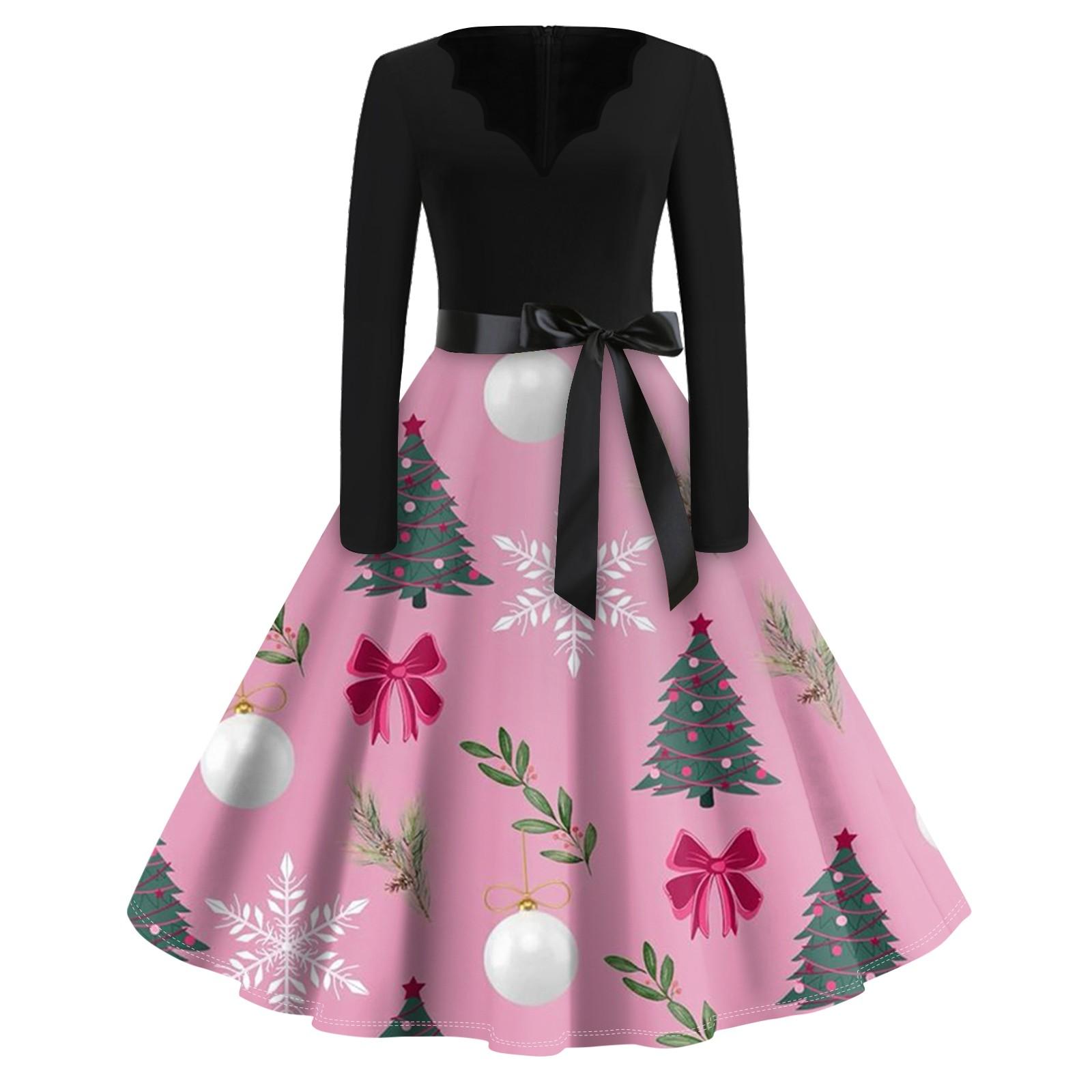 

Женское повседневное модное длинное платье с V-образным вырезом и длинным рукавом с рождественским принтом в винтажном стиле XL