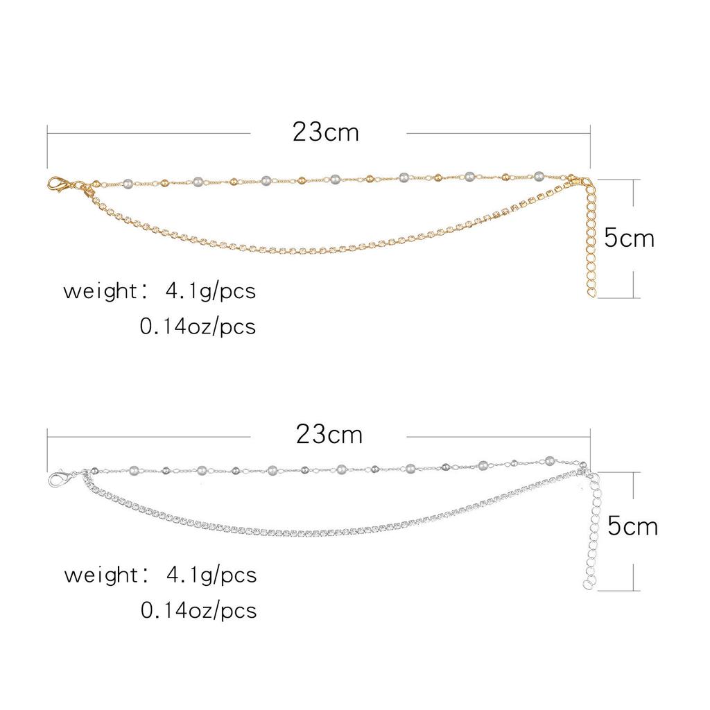 Europe, America, pearl double-layer bead chain alloy anklet women, fashionable handmade diamond-encrusted beach anklet foot decoration