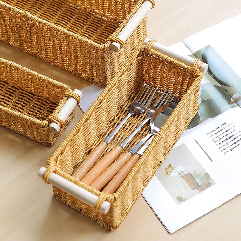 Creative Brown Storage Basket Woven Pattern Wood Handle Organizing Baskets Rectangle Sundries Organizer Bar Organizing
