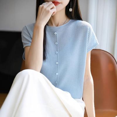 Letni Nowy Okrągły Dekolt Krótki Rękaw Dzianinowy Sweter T-shirt Top i Warstwa Bazowa