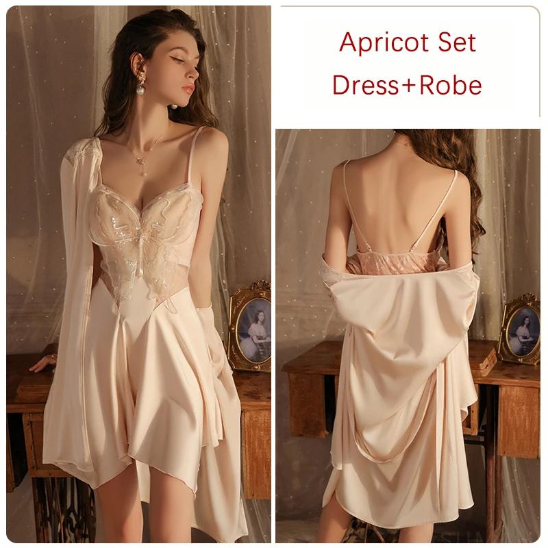 Women's Sexy Pajama Set Butterfly See-through Halter Bra Women Dressing Gown Bathrobe