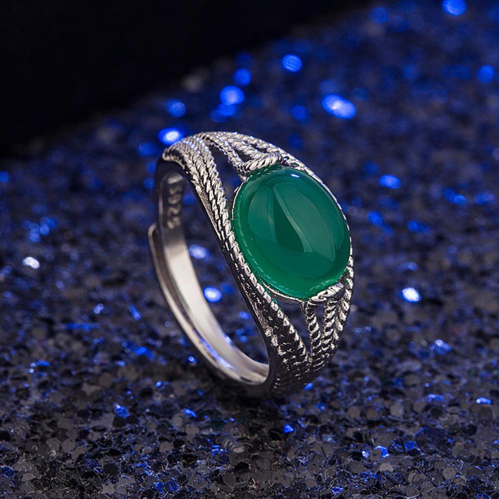 Wosikate Vintage Green Agate Fashion Ring For Women Copper Jewellery Open Size Finger Ring