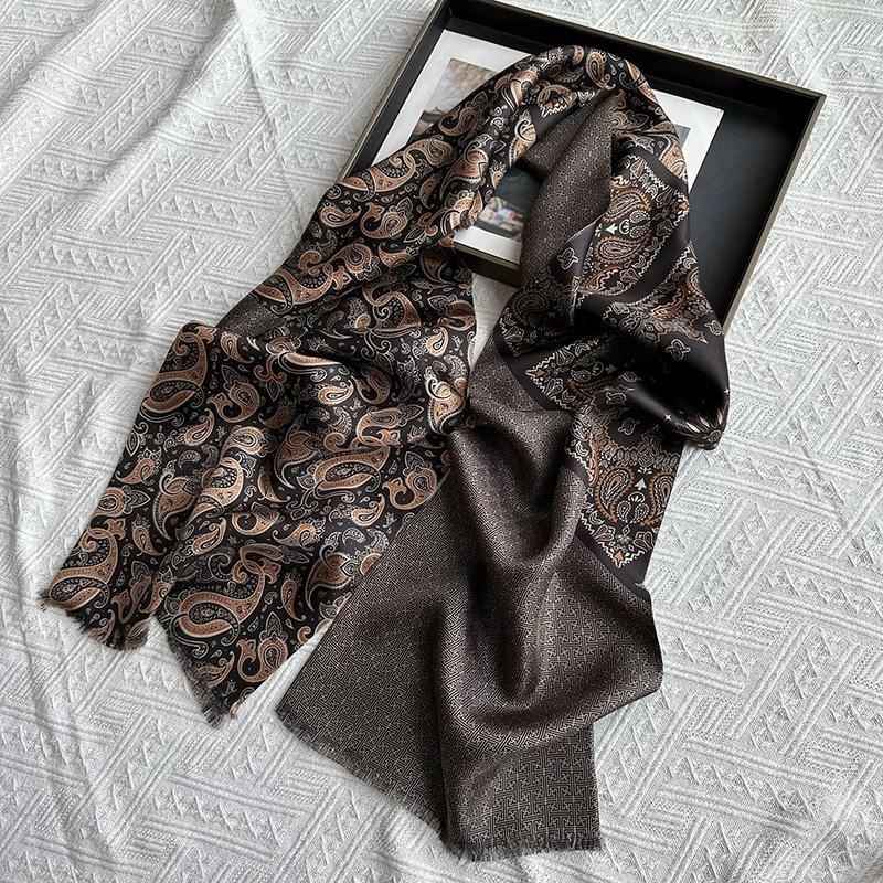 

Весенне-осенний шелковый шарф высокого класса с узором пейсли для мужчин, длинный шарф на шею из 100% шелка, зимние шарфы с принтом 26x160cm