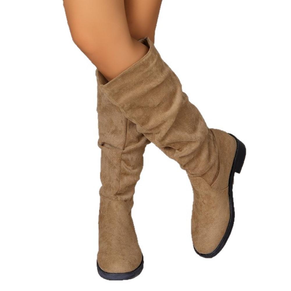 Fashion Pleated Boots Women Faux Suede Flock Knee High Boots 2025 Winter Women Fashion Slip on Square Low Heel Knight Booties Mujer