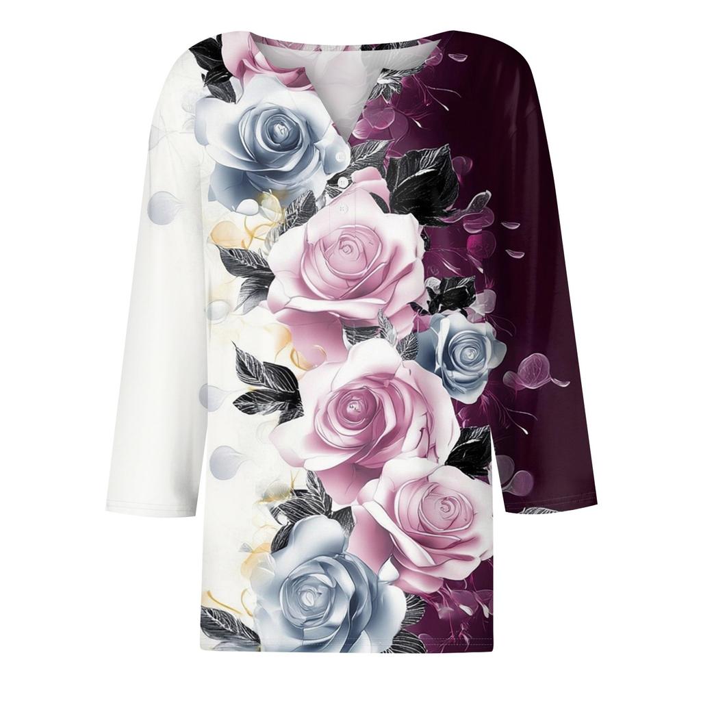 Women's T Shirt Tee Print Button 3/4 Sleeve Daily Weekend Fashion Basic V Neck Regular Top