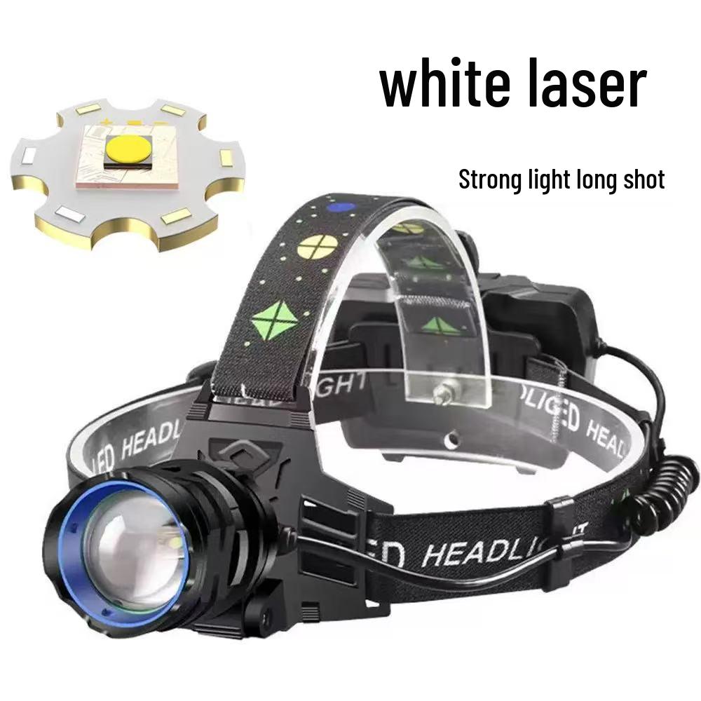 

Rechargeable Long-Range White Laser Zoom Headlamp for Outdoor Night Fishing - Waterproof and Head-Mounted Headlamp + Charging Cable (No Battery)