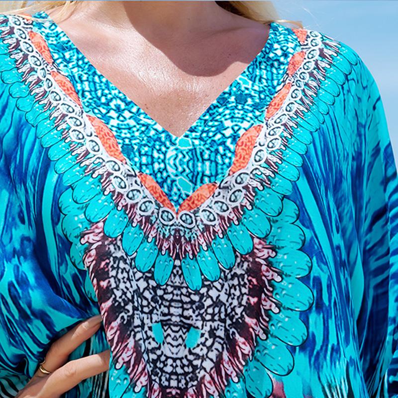 EDOLYNSA Bedruckte türkische Robe mit Fledermausärmeln, Sommer-Tunika, Plus-Size-Bademode, Cover-Up für Damen-Bademode, blaue Kaftan-Kleider, Q1415