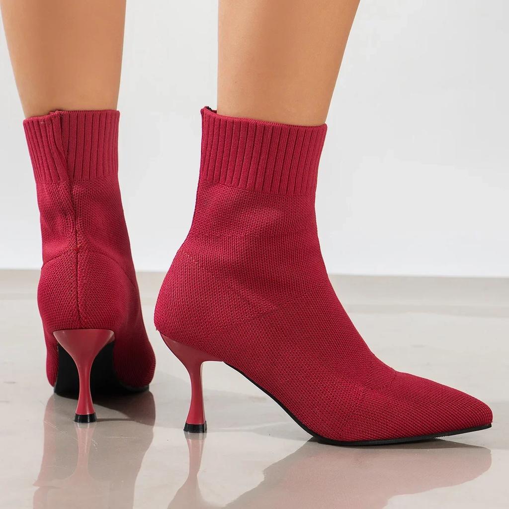 Women Elastic Sock Boots Autumn Winter Stiletto High Heels Knitted Ankle Boots Woman Slip-On Pointed Toe High-heeled Botas Mujer