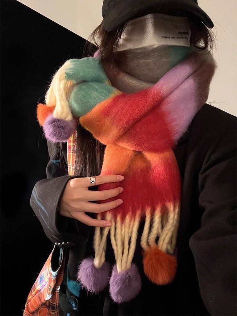 Vinter Dopamin Regnbågsrandig Tjock Varm Borstad Frans Pälsboll Scarf