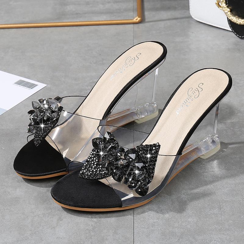 Newest High Heel Women'S Wild Summer Women'S Shoes Word Buckle Simple Wedge Sandals Transparent Bow-Knot Slippersdf4