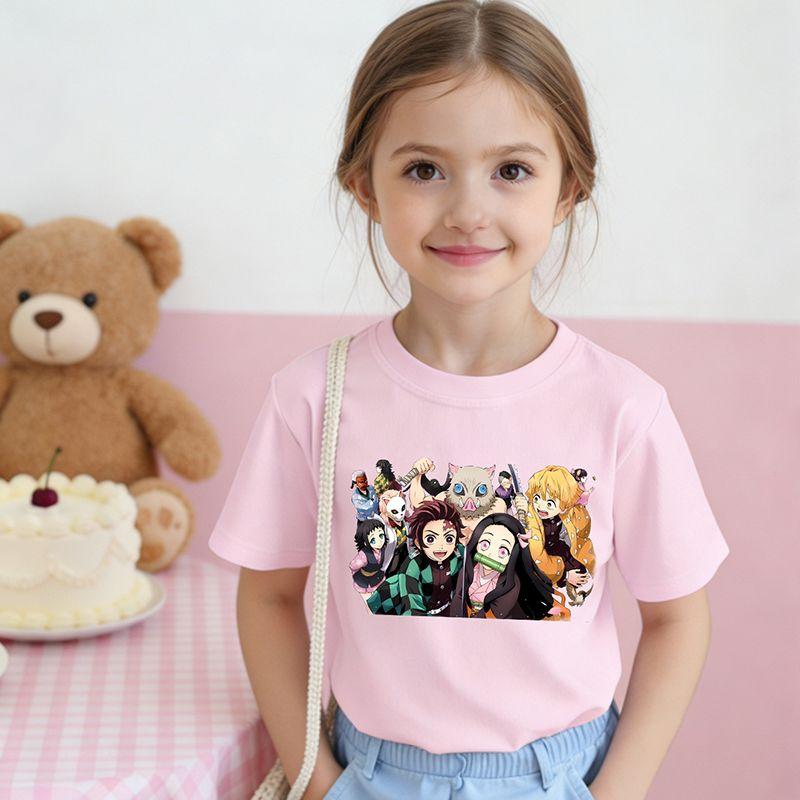 Demon Slayer 2026 Pure Cotton Cartoon ShortSleeved TShirt for Girls New Summer Breathable Childrens Clothing