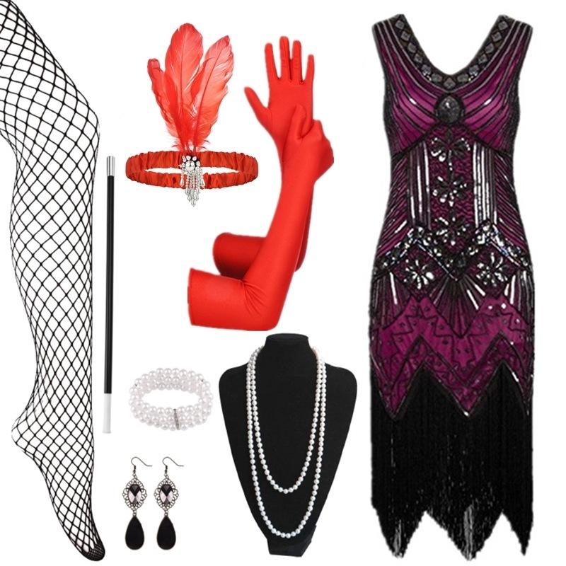 Hot Sale Vintage Sequins Tassel Dress Prom Evening Dress Accessories Set