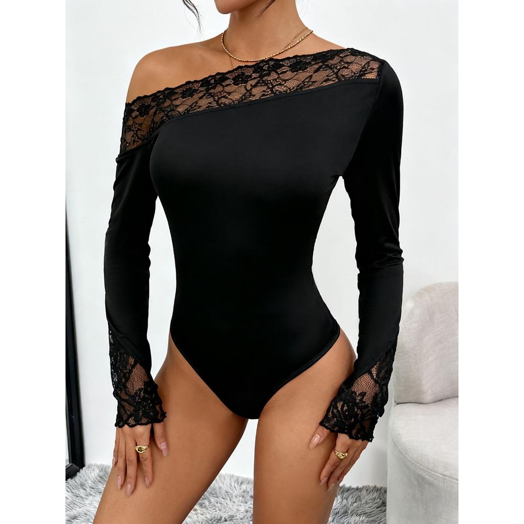 Fall New Elegant Sexy Lace One-shoulder Off-shoulder Black European American Jumpsuit
