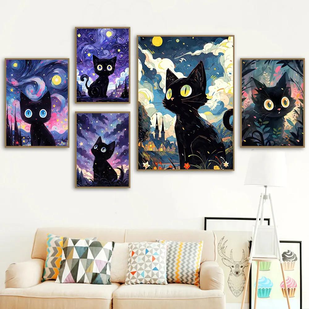 Abstrakt Stjärnhimmel och Svart Katt Affischer och Tryck Canvas Målning Väggkonst Bilder För Vardagsrum Hem Mural Dekoration Gåva