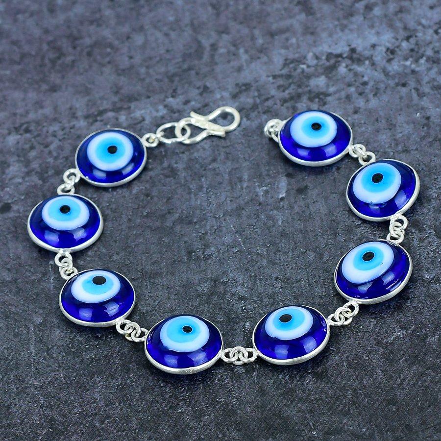 Blue Evil Eye Gemstone Handmade 925 Sterling Silver Bracelet 7-8" D4Y32