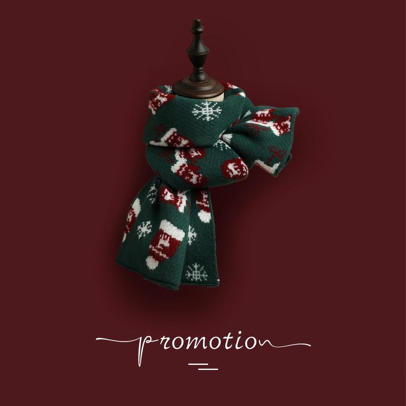Versatile Christmas Knitted Wool Red Scarf Deer Elk Print Snowflake Warm Personality Couple Scarf Student
