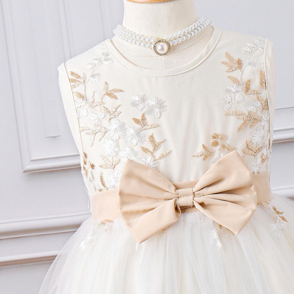 Mädchen Modisches Kleid 2025 Sommer Kinder Schleife Blume Bestickt Mesh Prinzessinnenkleid