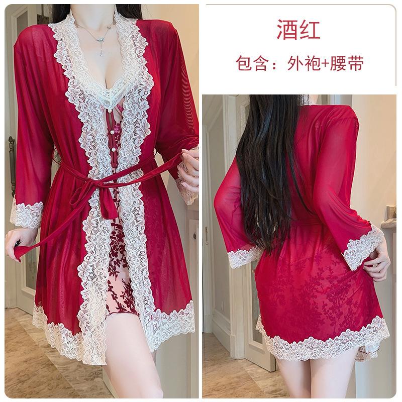 

Passion deep V plus chest pad underwear pure lust seduction lace decoration sweet velvet nightdress women s suit one size