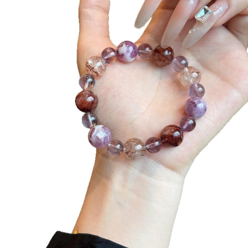 Natural Amethyst Crystal Bracelet With Black Phantom Red Resin Flower Beads 18 12mm Round Bead Unisex Handmade Jewelry