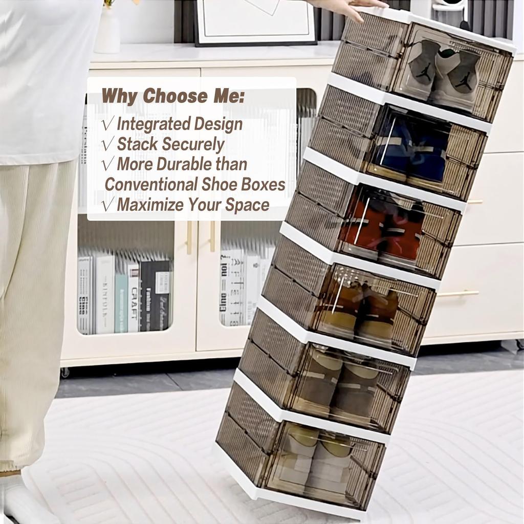 Drop Front Foldable Shoe Rack Collapsible Storage Box Stackable Plastic Bin Tote With Free Standing Shoe Shelf Cabinet With Lid
