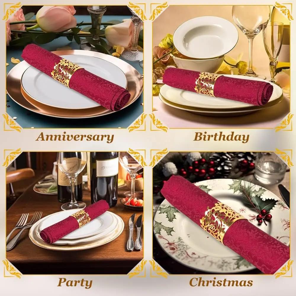 25/50Pcs Disposable Rose Flower Paper Napkin Rings Laser Cut Foil Paper Napkin Holder, Leaf Vine Serviette Rings For Table Decor