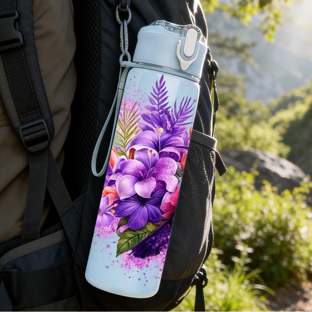 1PC Purple Parrot Tropical Bird Art Print 750ml Color Plastic Sports Water Bottle Leakproof Flip Straw Lid Suitable for Sports Office Home Use