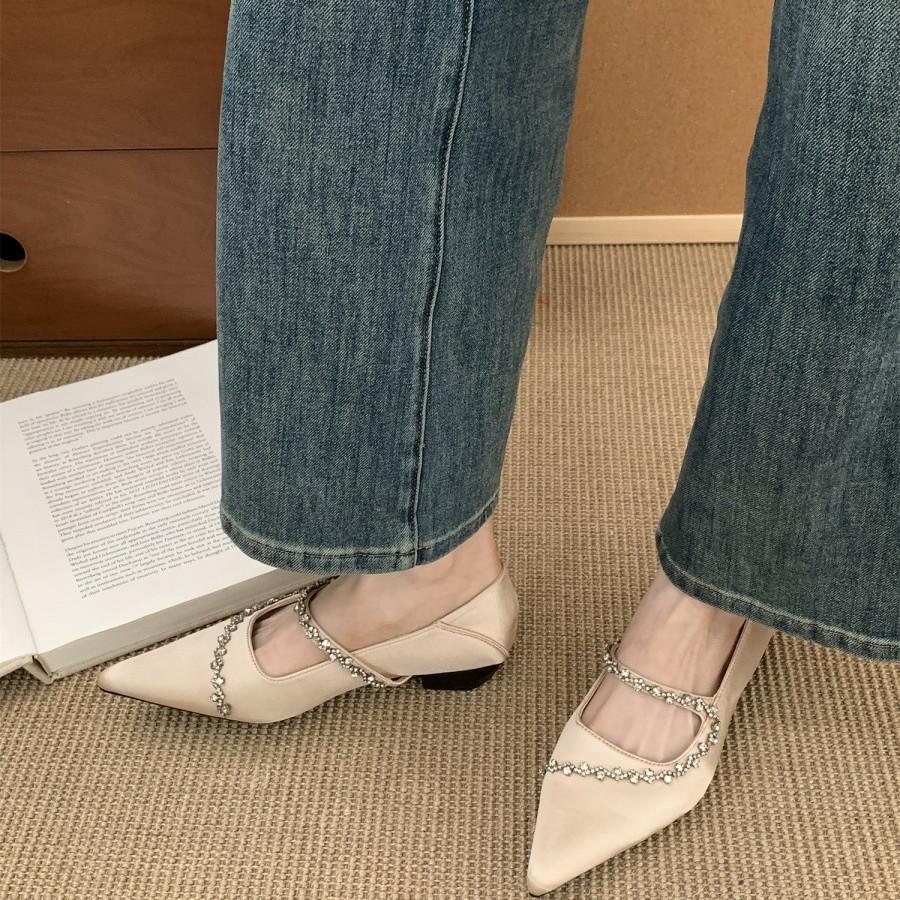 2025 Spring and Summer New Light Luxury Curved Rhinestone Temperament Versatile Pointed Thick Heel Low Heel Soft Sole Single Shoes Women