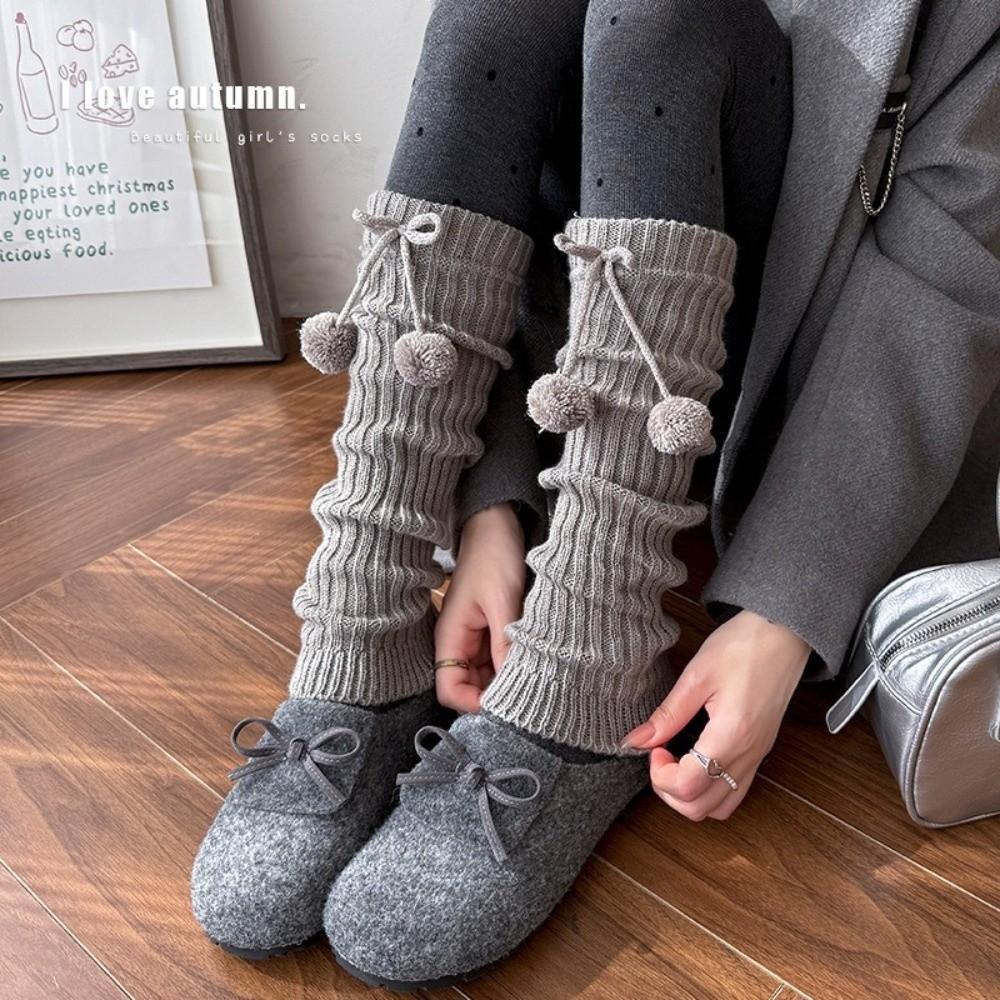 New Solid Color Leg Warmers Thickened Knitted Bow Middle Tube Socks Harajuku Boot Covers Women