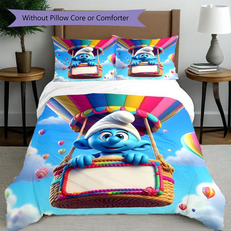3pcs Duvet Cover Set (1*Duvet Cover + 2*Pillowcase, Without Core), Blue Smurfs Print Bedding Set, Bedroom Decor, All‑Season, Birthday Gift