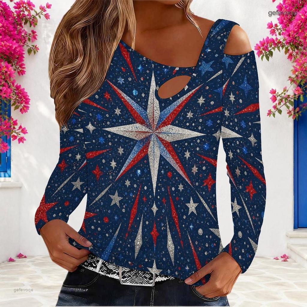 Women s Plus Size Asymmetric Cutout Neck Cold Shoulder Long Sleeve Star Printed White Top