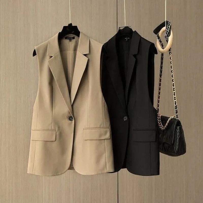 Elegante Fashionável Minimalista Estiloso Roupa Exterior Feminina Tendência Estilo Coreano Blazer Conjunto Colete Fibra de Poliéster
