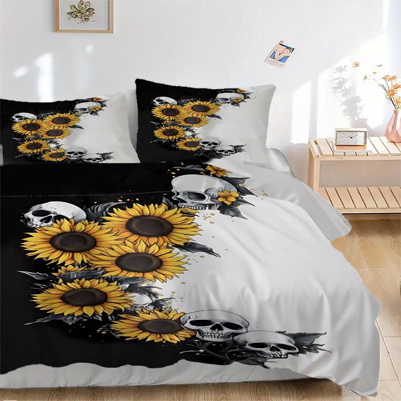 

3pcs Skull Sunflower Design Duvet Cover Set - Machine Washable, Includes 1 Cover and 2 Pillowcases, No Core Included yy251013143 135x200cm