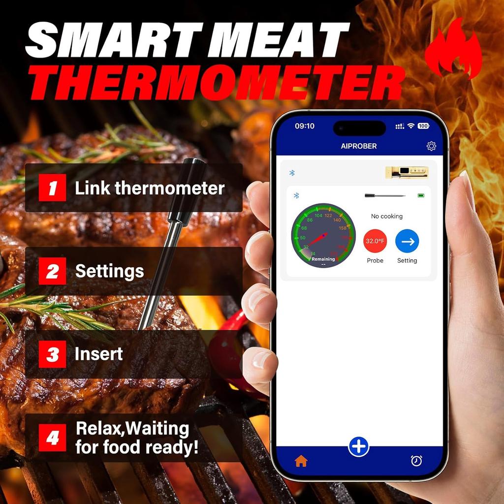 Smart Wireless Meat Thermometer, Meat Thermometer Digital for BBQ, Oven | Bluetooth & App-Enabled | Base with Charging and Temperature Display
