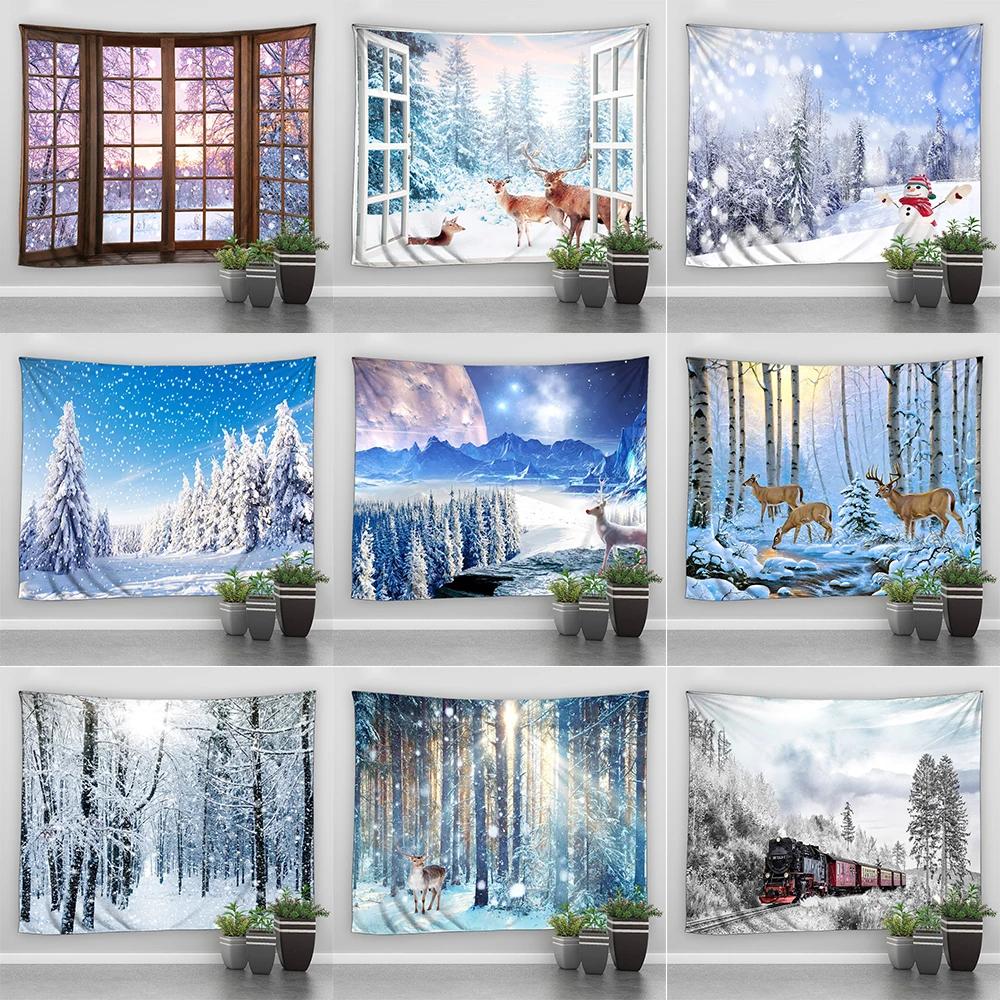 Winter Wonderland Tapestry - Snowy Forest & Deer Scene | Unique Wall Art for Home Decor, Living Room & Seasonal Gift